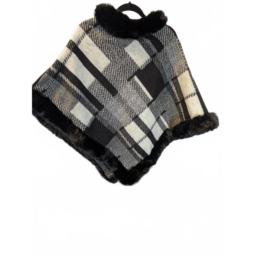 Black and White Plaid Women's Poncho Sweater with Faux Fur Trim